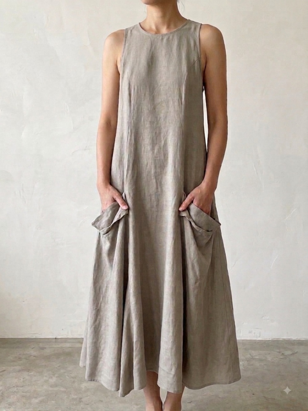 Sarah Pacini Khaki Linen Midi Racerback Dress Size 1 (US S)